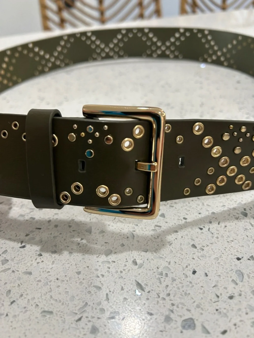 NWOT Rebecca Minkoff Olive Green Leather Studded Grommet Gold Hardware Belt - L